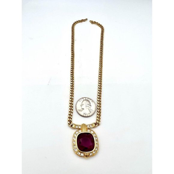 Monet Amethyst Glass Statement Gold Tone Necklace With Rhinestones 16” - Picture 3 of 6